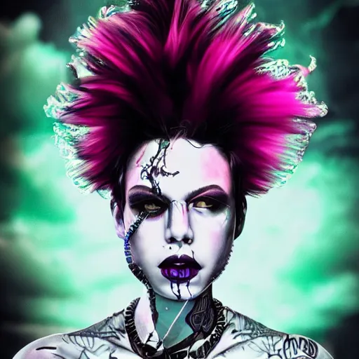 Prompt: splashes of neon clouds, mowhawk, punk women portrait made out of paint, trending on artstation, epic composition, emotional, beautiful, rendered in octane, highly detailed, realistic, tim burton comic book art, sharp focus, unreal engine