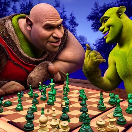 Image similar to Shrek Plays Chess with Kratos