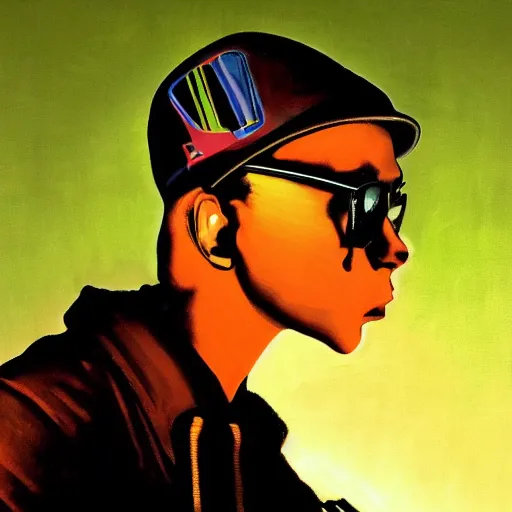 Prompt: a dark and colorful close - up side profile portrait of a silhouette of a sci - fi young alien man wearing a baseball hat and glasses, using a computer. glowing fog in the background. highly detailed science fiction painting by norman rockwell, frank frazetta, and syd mead. rich colors, high contrast, gloomy atmosphere, dark background. trending on artstation