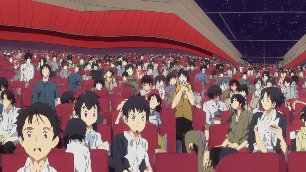 Image similar to people in a busy movie theatre, anime film still from the an anime directed by katsuhiro otomo with art direction by salvador dali, wide lens