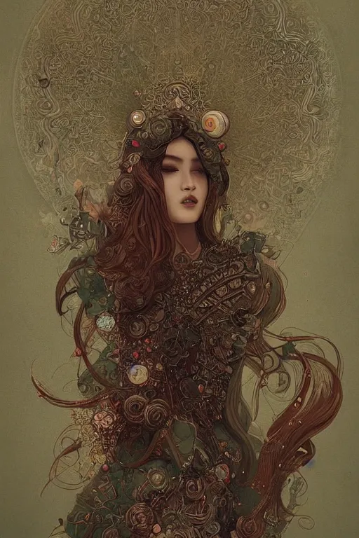 Image similar to intricate, amazing, retro vintage and romanticism, painting by natelle quek, soft color palette, cinematic, highly detailed, godess from space sci - fi of ancient religion