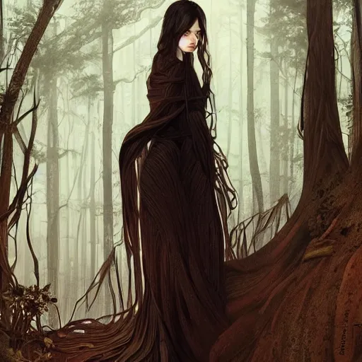 Image similar to full figure ultra realistic illustration, evan rachel wood in a forest wearing a dystopian black dress, brown flowy hair with tints of red, edo japan, intricate, elegant, highly detailed, digital painting, artstation, concept art, smooth, sharp focus, illustration, art by artgerm and greg rutkowski and alphonse mucha