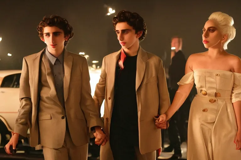 Image similar to lady gaga and timothee chalamet holding hands, red weapon 8 k s 3 5, cooke anamorphic / i lenses, highly detailed, cinematic lighting