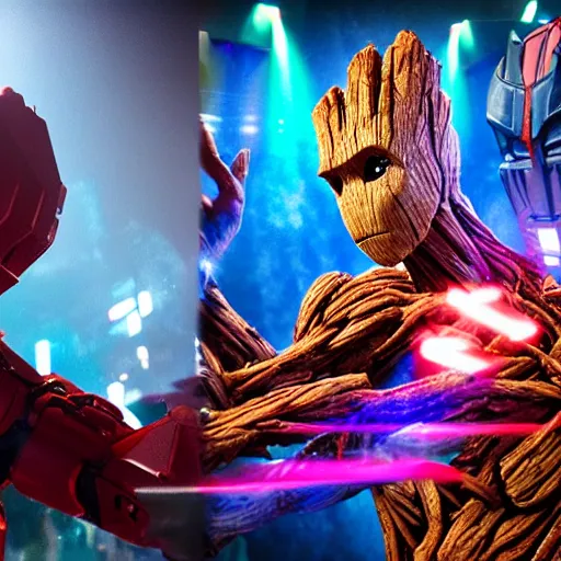 Prompt: groot and optimus prime in techno party among people dancing, wide shoot, after effect ultra realistic 3 d