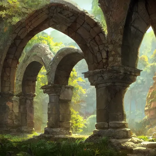 Image similar to concept art painting of an ornate ancient stone archway, in the woods, realistic, detailed, cel shaded, in the style of makoto shinkai and greg rutkowski and james gurney