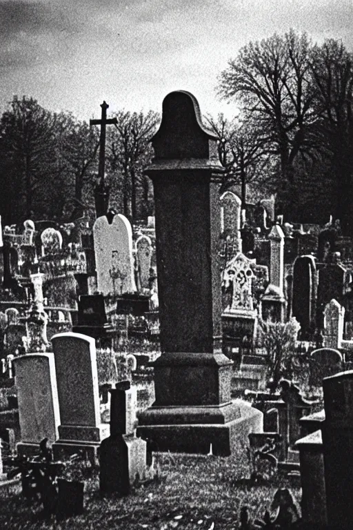 Image similar to Kodak T-MAX 3200 photo of creepy cemetery, 1910s paris, crow, scary, horror, dark mood