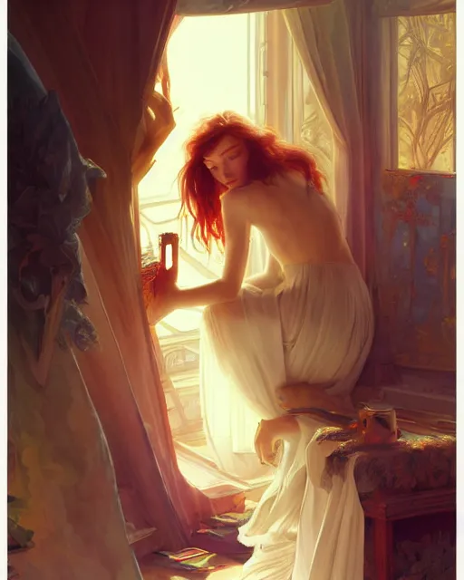 Image similar to eleanor tomlinson, posing, vaporwave, bedroom, highly detailed, digital painting, artstation, concept art, smooth, sharp focus, illustration, art by artgerm and greg rutkowski and alphonse mucha