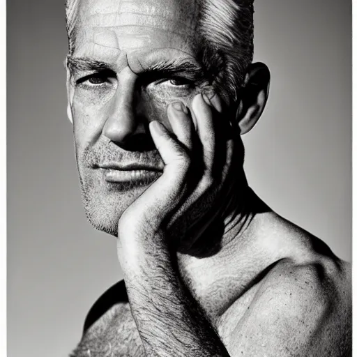 Prompt: a beautiful professional photograph by herb ritts and ellen von unwerth for vogue magazine of a beautiful lightly freckled and unusually attractive and handsome middle - aged male fashion model looking at the camera in a flirtatious but intelligent and thoughtful way, leica 5 0 mm f 1. 8 lens