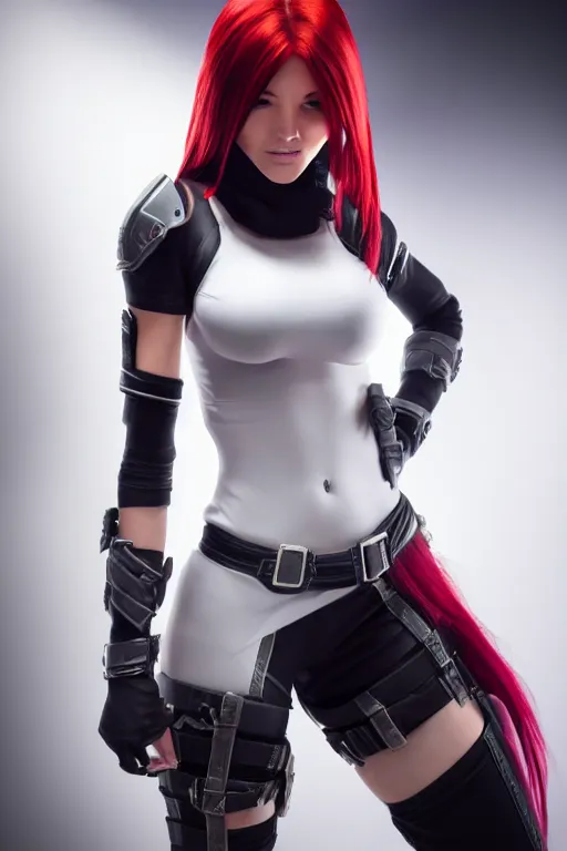 Image similar to Katarina from Overwatch, photorealistic full body, studio lighting, white ambient background, highly detailed