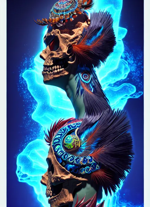 Image similar to 3 d shaman with tattoos profile portrait, sigma 5 0 0 mm f / 5. beautiful intricate highly detailed quetzalcoatl skull and feathers. bioluminescent, plasma, lava, ice, water, wind, creature, thunderstorm! artwork by tooth wu and wlop and beeple and greg rutkowski, 8 k trending on artstation,