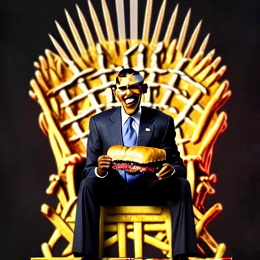 Prompt: barrack obama eating a cheese burger sitting on the iron throne, highly detailed, perfect lighting, perfect composition, 8 k, artgerm, derek zabrocki, greg rutkowski