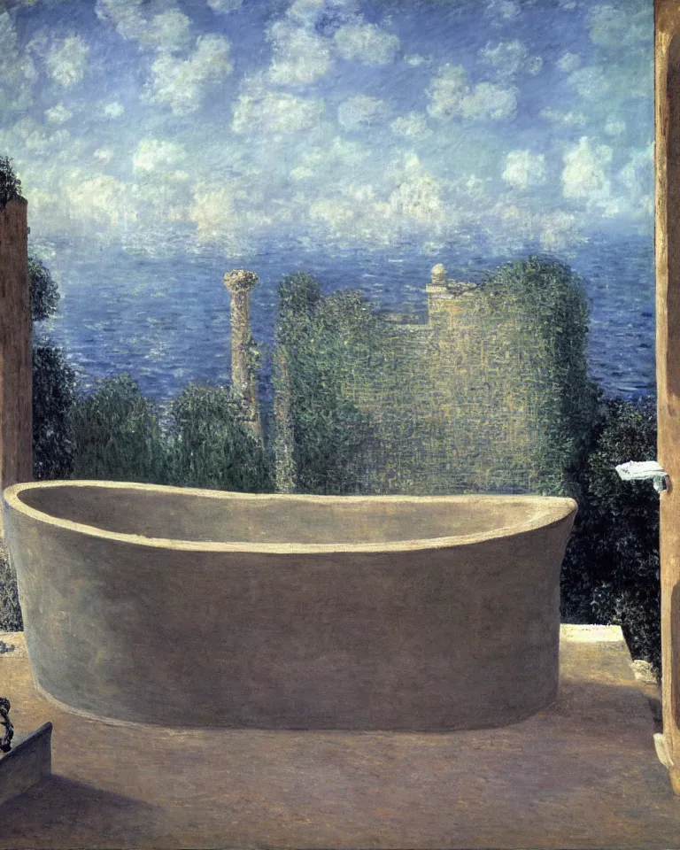 Image similar to achingly beautiful painting of an ancient roman bathtub by rene magritte, monet, and turner. piranesi.