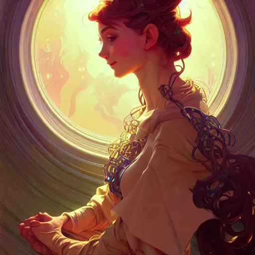 Image similar to Portrait of a girl surrounded by nodes, face, fantasy, intricate, elegant, highly detailed, digital painting, artstation, concept art, smooth, sharp focus, illustration, art by Jesper Ejsing and Fernanda Suarez and Artem Demura and alphonse mucha