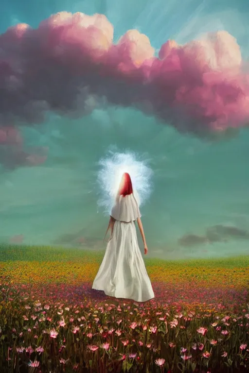 Image similar to giant white daisy flower face, girl with veil walking in a flower field, surreal photography, sunrise, dramatic light, impressionist painting, colorful clouds, digital painting, artstation, simon stalenhag