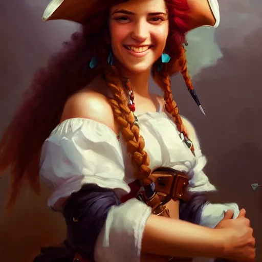 Image similar to portrait painting of a pirate queen age 2 5, bright and energetic, with a sweet smile and floofy hair, render cinematic lighting art 1 9 2 0 period drama by bussiere rutkowski andreas rocha
