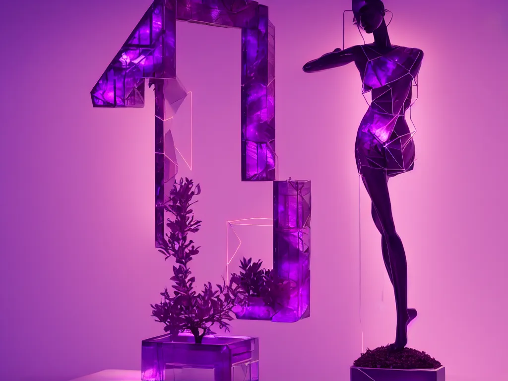 Image similar to beautiful mannequin sculpted out of amethyst by billelis + lit with geometric neon + iridescent geometric cubed bonsai plants!!!!, doorway opening with neon pink geometric light, clean linework, dramatic, finely detailed, rule of thirds, moody, award winning, 4 k, trending on artstation, photorealistic, volumetric lighting, octane render