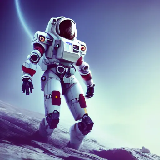 Image similar to cinematic epic portrait of a mecha astronaut alone on a distant planet with spaceship destroyed, octane render, trending on artstation, hyperrealistic, character photography