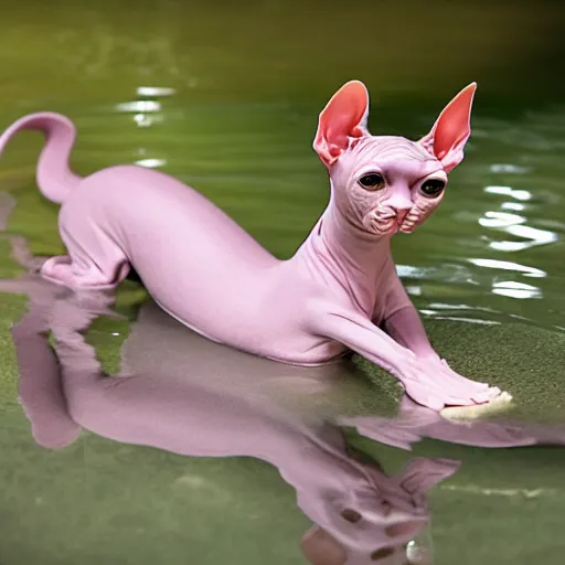 Image similar to a hairless sphynx cat swimming in a baby pool filled with milk