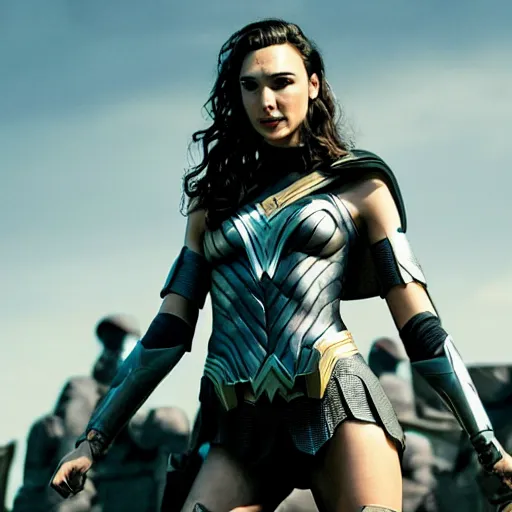 Prompt: gal gadot as a futuristic soldier in a future battleground