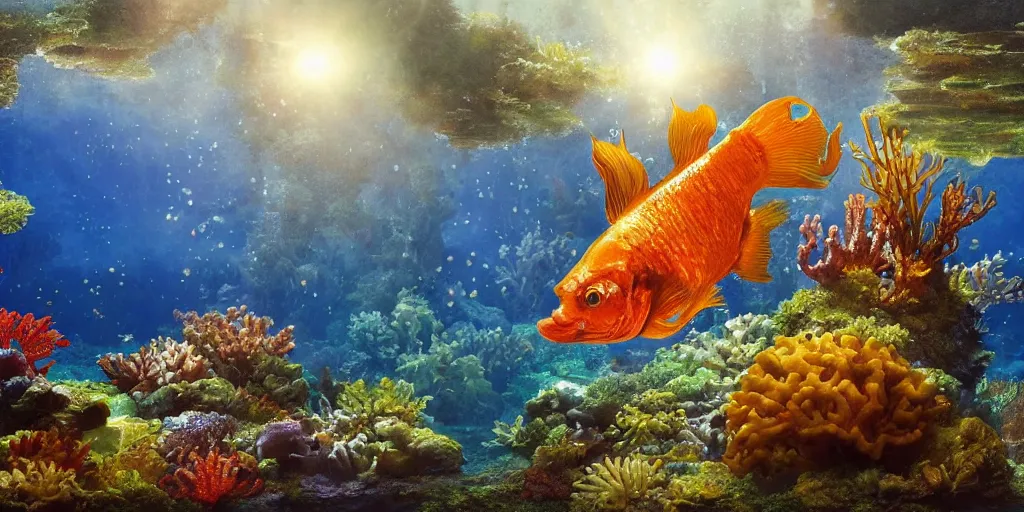 Prompt: beautiful underwater scene. an ancient ship sunk in the abyssvery shiny water. colorful fish. seahorse. goldfish. coral, water flowers. beautiful lighting, 4 k post - processing, highly detailed, 5 k extremely detailed, 3 d. sun is highlighting the bubbles. render in octane and cryengine. painterly detailed matte painting, by albert bierstadt