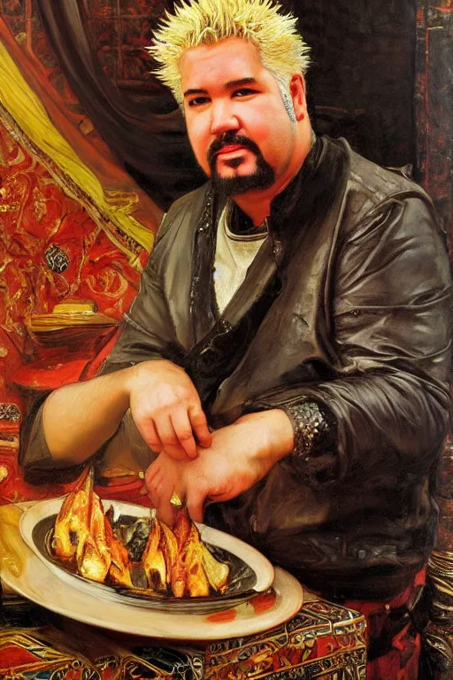 Image similar to guy fieri, orientalist intricate portrait by john william waterhouse and edwin longsden long and theodore ralli and nasreddine dinet, hyper realism, dramatic lighting