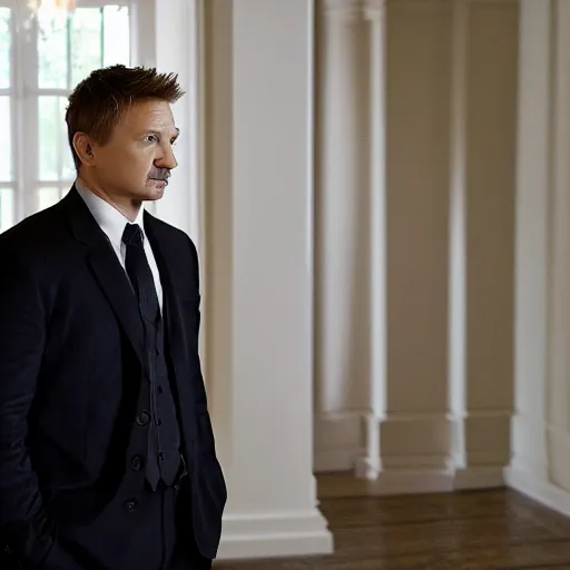 Image similar to jeremy renner as a security guard for the white house, photorealistic, cinematic lighting