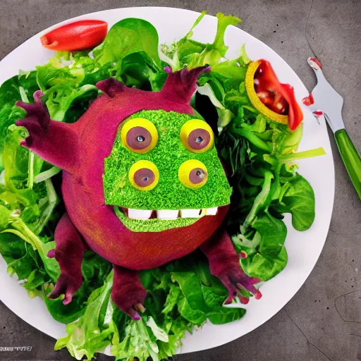 Image similar to a corona virus eats a salad monster, photo realistic, professional photography