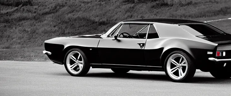 Image similar to blackest black audi camaro b 1 ( 1 9 6 7 ), restomod, establishing shot