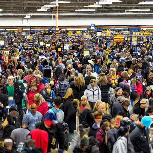 Image similar to the crowds at the black friday sales at walmart, intricate, highly detailed, sharp focus, art by michelangelo