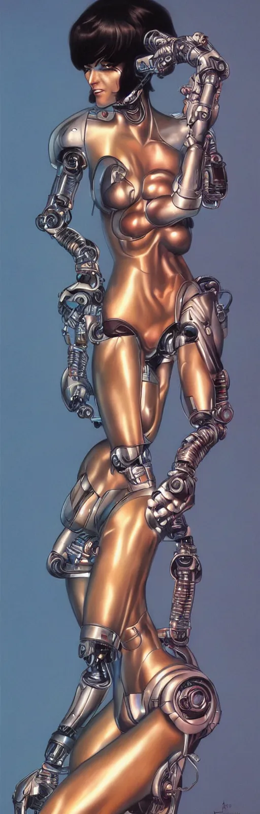 Prompt: beauty cyberpunk woman, robotic, trending on artstation, by Hajime Sorayama and Boris Vallejo