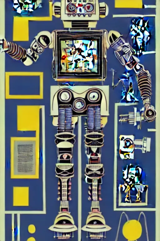 Image similar to a diagram of a robot body with various parts, cyberpunk art by eduardo paolozzi, behance contest winner, computer art, greeble, steampunk, poster art, james turrell, robert rauschenberg, andy warhol, pop art, czechoslovakia, surrealism, milton glaser, graphic design