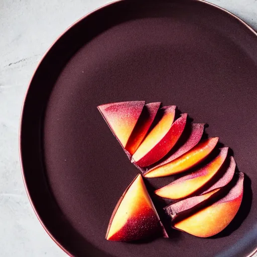 Prompt: beautiful pastry photography cherry black chocolate peach brutalism in a plate, 80mm lens