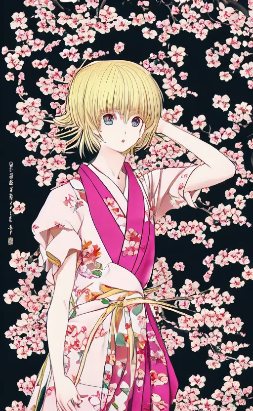 Prompt: by akio watanabe, manga art, realistic anatomy, a blondee girl and blossoming sakura petals, trading card front, kimono, sun in the background