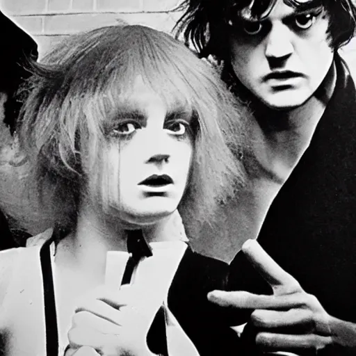Image similar to A Clockwork Orange, women droogs, 1971 photography, female hooligans, shaggy haired punks, dystopian England