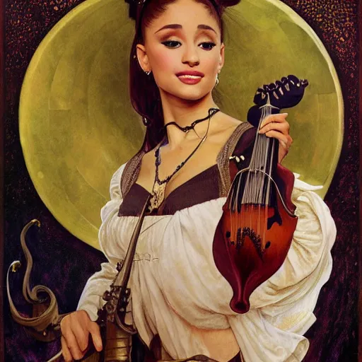 Image similar to half length portrait of ariana grande as a bard playing the mandolin, d & d, medieval, fantasy, giger, royo, klimt, miro, vallejo, frazetta, alphonse mucha, greg rutkowski, whealan