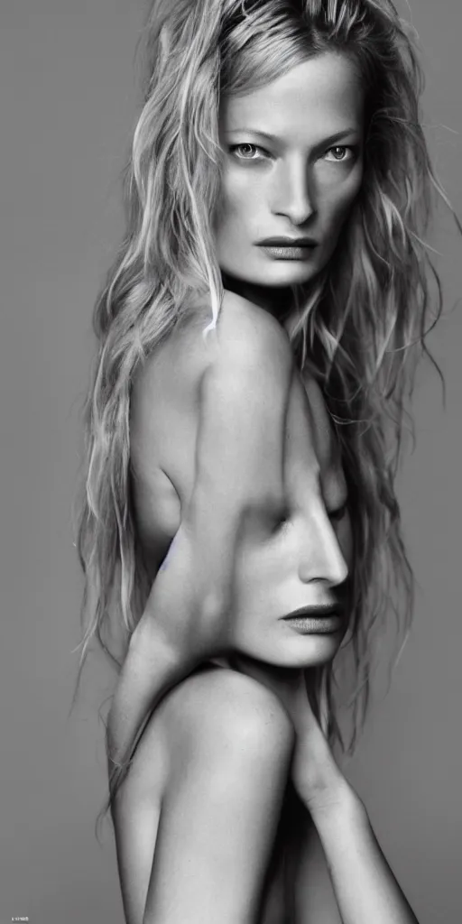 Image similar to fashion photography of carolyn murphy with symmetrical features and beautiful, flowing long blonde hair with a disdainful and arrogant expression, dark minimal outfit, photo 3 5 mm leica, hyperdetail, berghain, 8 k, very detailed, photo by nick knight