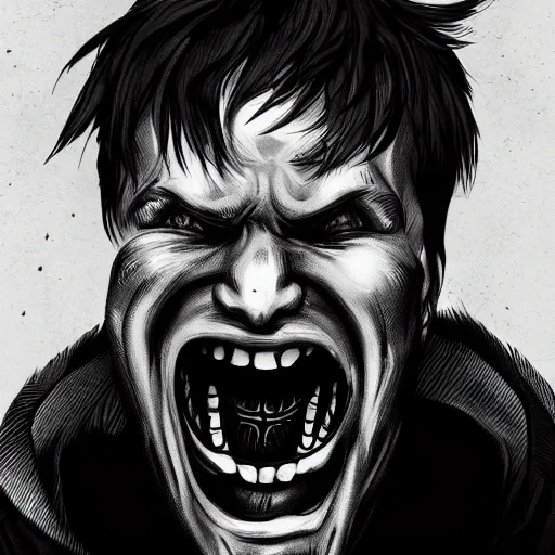 Prompt: his endless screaming makes his own mind eat him up, black and white, artstation, deviantart, pinterest, 8 k