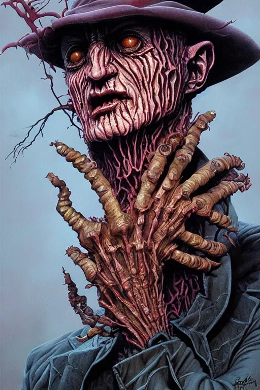 Image similar to portrait of freddy krueger in the style of wayne barlowe, gustav moreau, peter mohrbacher, bussiere, roberto ferri, santiago caruso, luis ricardo falero, frazetta