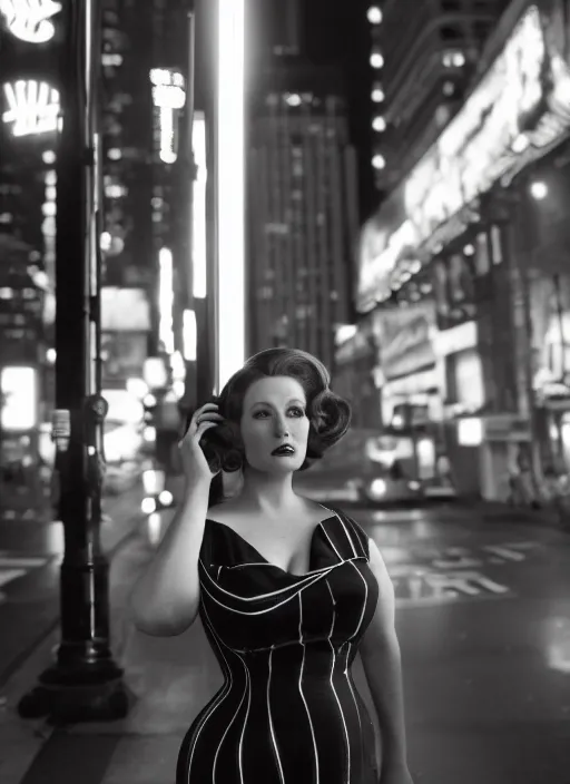 Image similar to a hyper realistic and detailed head portrait photography of a joan holloway, curvy, of mad men on madison avenue, new york city. by annie leibovitz. noir style. cinematic. neon lights glow in the background. ilford hp 5 4 0 0, canon eos c 3 0 0, ƒ 1. 8, 3 5 mm, 8 k, medium - format print