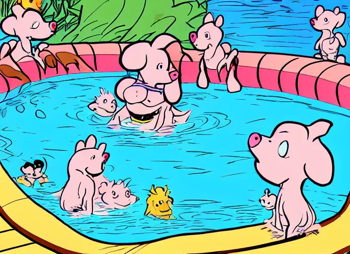 Image similar to one dalmatian piglet surrounded by chickadees in a swimming pool. comic style