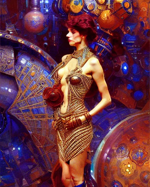 Image similar to an attractive model wearing a futuristic dress surrounded by intricate geometric patterns. highly detailed painting by gaston bussiere, craig mullins, j. c. leyendecker 8 k