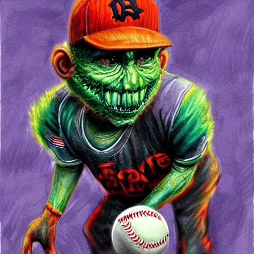 Image similar to baseball monster, baseball, colorful, digital art, chalk,fantasy, magic, trending on artstation, ultra detailed, professional illustration by Basil Gogos