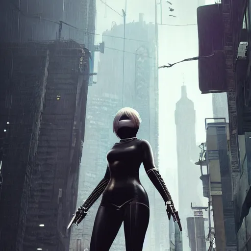 Image similar to new york city portrait of 2B nier automata wearing skin tight clothes muzzle gloomy rainy screenshot from the video game cyberpunk 2077 digital art by Greg Rutkowski, Simon Stalenhag, christopher nolan trending on Artstation, CGSociety