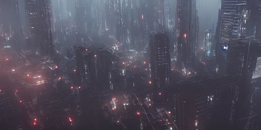 Image similar to Coruscant cityscape, Blade Runner style, industrial towers, huge mechanical bridges, buildings design by Tadao Ando and Denis Villeneuve, photorealistic, octane render, 8k