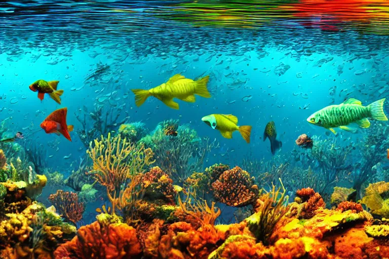 Prompt: ultra realistic underwater photography, panoramic picture of a river with ( subject : one very big exotic brightly coloured fish ). lots of bubbles. wavy, scattered light entering from the water surface, artstation, focus on the fish, extremely hyperrealistic crisply sharp fish, 8 k