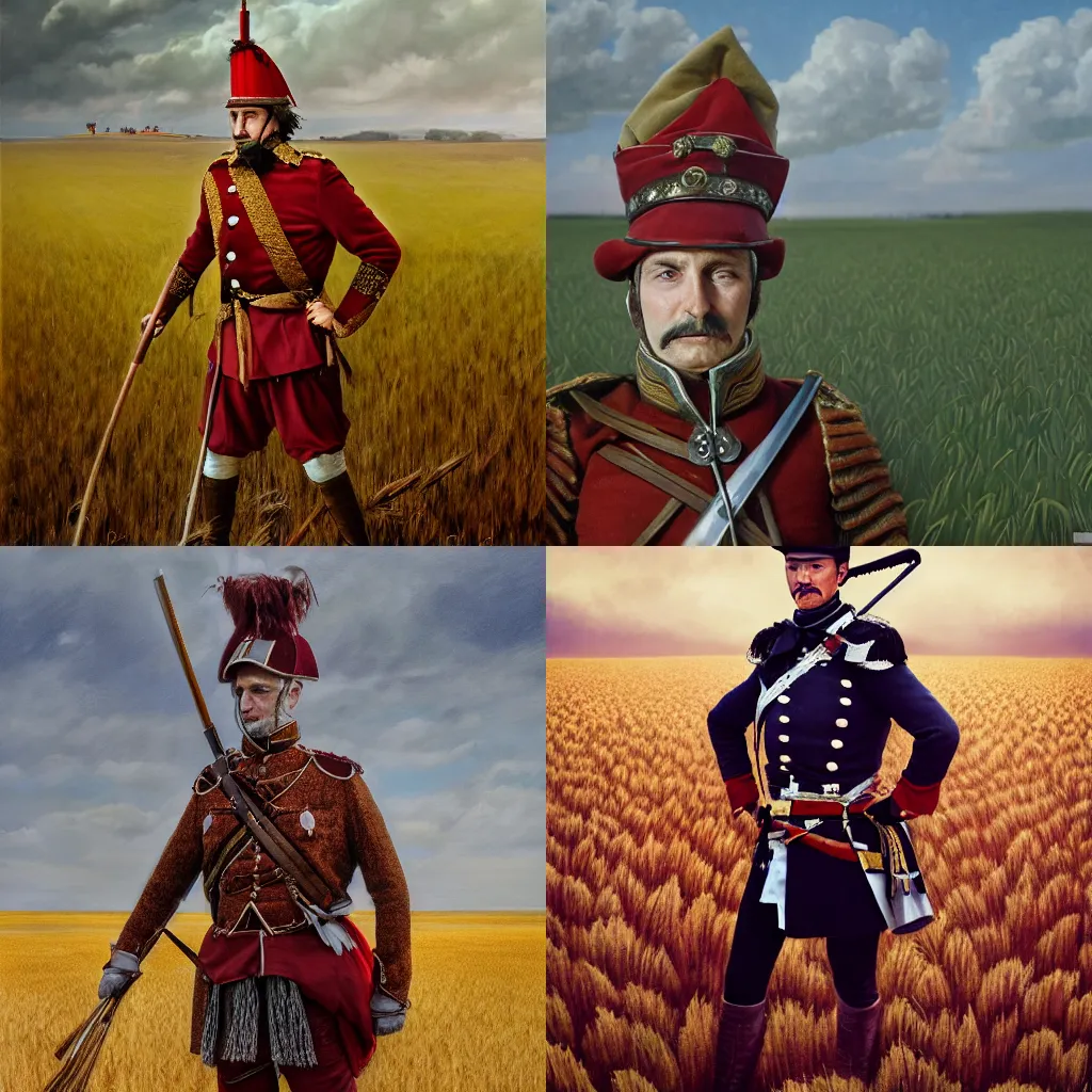 Prompt: portrait of Hungarian hussar, posing on wheat field, dressed in shako, pelisse, dolman, shot from The Duellists movie and the deluge, 4k resolution, detailed, concept art, oil painting, authentic costume, trending on artstation