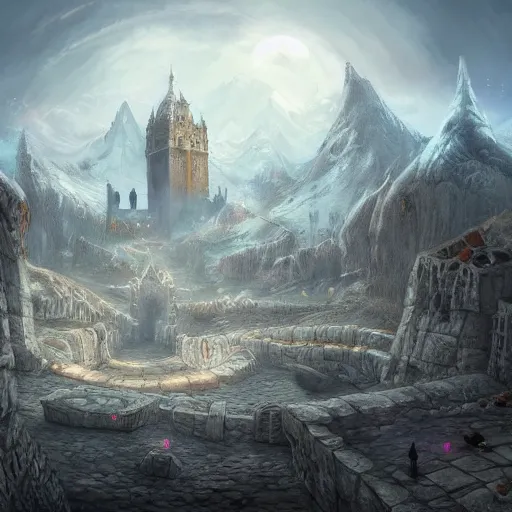 Image similar to fantasy concept art, walled city built into a labyrinth, icy mountains nearby, 8k, high detail