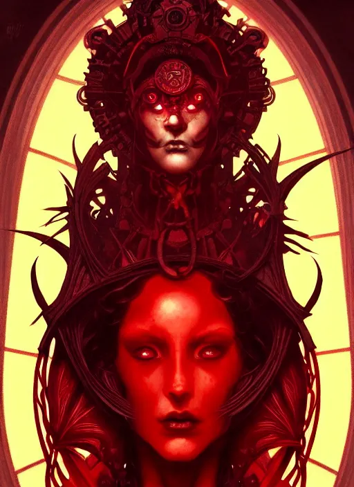 Image similar to the god hades, red hair, glowing eyes, volumetric lights, black and red scheme, art nouveau botanicals, gothic, intricate, highly detailed, digital painting, artstation, concept art, smooth, sharp focus, symmetric face, illustration, steampunk, art by artgerm and greg rutkowski and alphonse mucha