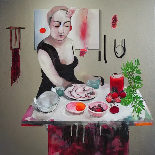 Image similar to “ a portrait in a female art student ’ s apartment, sensual, a pig theme, pork, art supplies, surgical iv bag, octopus, ikebana, herbs, a candle dripping white wax, japanese pottery, squashed berries, berry juice drips, acrylic and spray paint and oilstick on canvas, surrealism, neoexpressionism ”