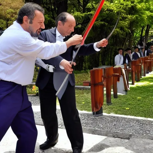 Image similar to matteo salvini and enrico letta katana duel in a shinto shrine while sakura petals are falling